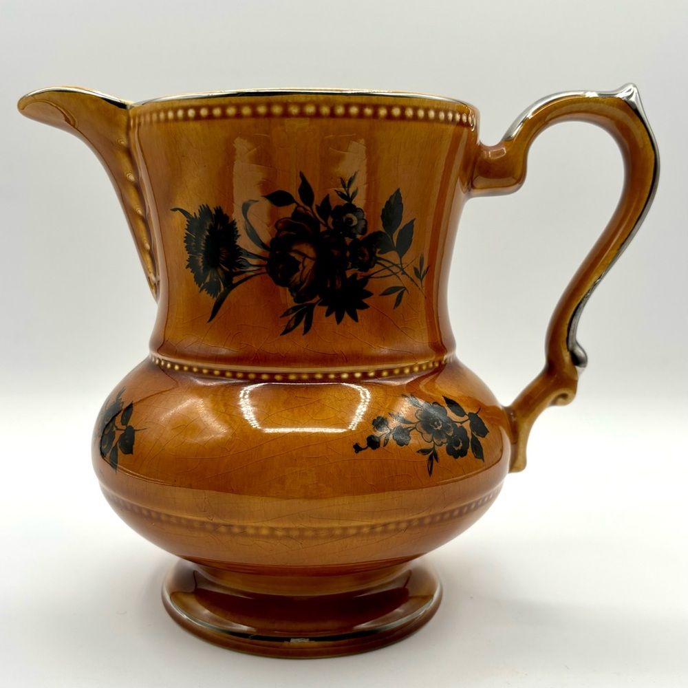 Vintage Elijah Cotton LORD NELSON WARE Amber & Black Floral Ceramic Pitcher/Jug